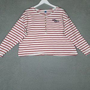 Old Navy Women's XL Shirt Crop Henley Striped Love You More Long Sleeve White